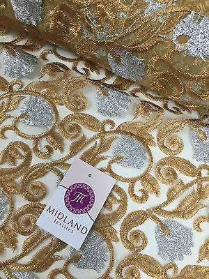 Silver and Gold Floral Ornamental Thread Embroided net fabric 34" Wide M233 Mtex - Midland Textiles & Fabric