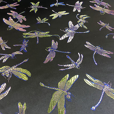 CHINESE ORIENTAL GOLD DRAGONFLY BROCADE SILKY SATIN DRESS FABRIC 44' M163 - Midland Textiles & Fabric