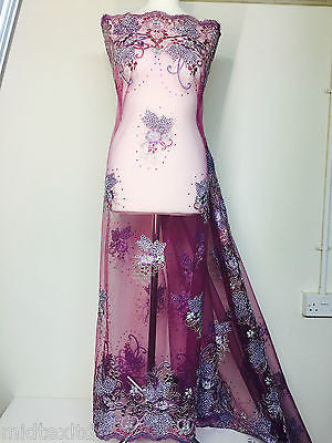 Vintage Floral embellished and stones dress net with scalloped edging M232 Mtex - Midland Textiles & Fabric