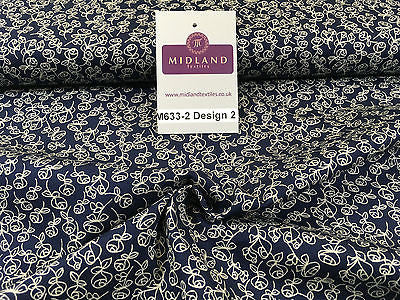 Navy And White Floral Paste Printed 100% Cotton Poplin Craft Fabric 45' M633 - Midland Textiles & Fabric