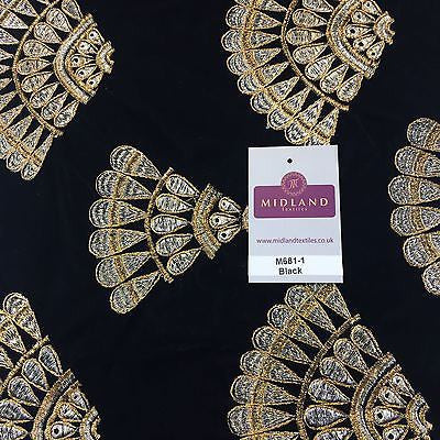 Retro Black & Gold embroidered Peacock Feather Fan Micro velvet 45' M681 Mtex - Midland Textiles & Fabric