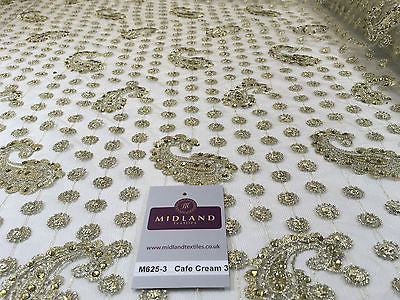 Metallic Embroided and Stone work lace mesh Dress Net Fabric 46' Wide M625 - Midland Textiles & Fabric
