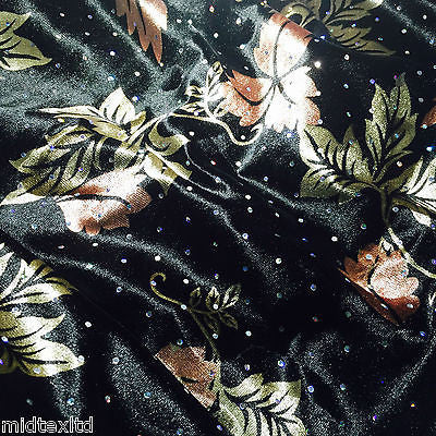 Velvet Black and Bronze leaf print with silver sequins 58' M16-7 Mtex - Midland Textiles & Fabric