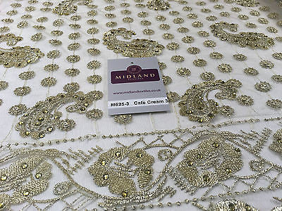 Metallic Embroided and Stone work lace mesh Dress Net Fabric 46' Wide M625 - Midland Textiles & Fabric