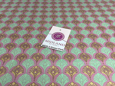 Retro Peacock Bird Feather Flower Fan Gold Lacquered Cotton Lawn Fabric 58' M546 - Midland Textiles & Fabric