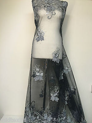 Vintage Floral embellished and stones dress net with scalloped edging M232 Mtex - Midland Textiles & Fabric