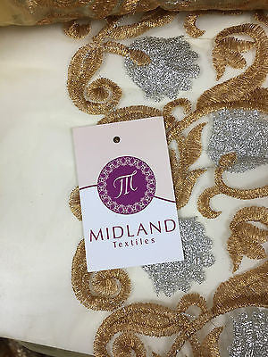 Silver and Gold Floral Ornamental Thread Embroided net fabric 34" Wide M233 Mtex - Midland Textiles & Fabric