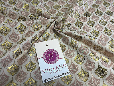 Retro Peacock Bird Feather Flower Fan Gold Lacquered Cotton Lawn Fabric 58' M546 - Midland Textiles & Fabric