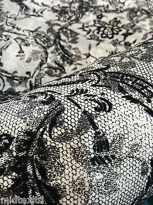 Black flock lace effect off white Jersey fabric 2 way stretch 58"  M16-21 Mtex - Midland Textiles & Fabric