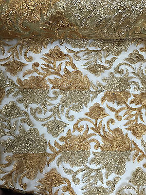 Gold Diamond Floral Ornamental Thread Embroided Net Fabric 34