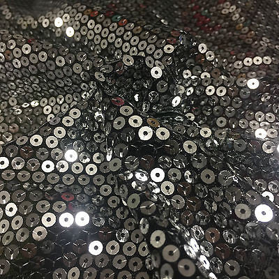 Silver Sew on sequins 5mm on black mesh net dress fabric 55" wide M624 Mtex - Midland Textiles & Fabric