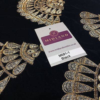 Retro Black & Gold embroidered Peacock Feather Fan Micro velvet 45' M681 Mtex - Midland Textiles & Fabric