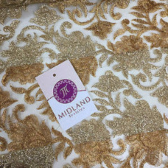 Gold Diamond Floral Ornamental Thread Embroided Net Fabric 34' Wide M234 Mtex - Midland Textiles & Fabric