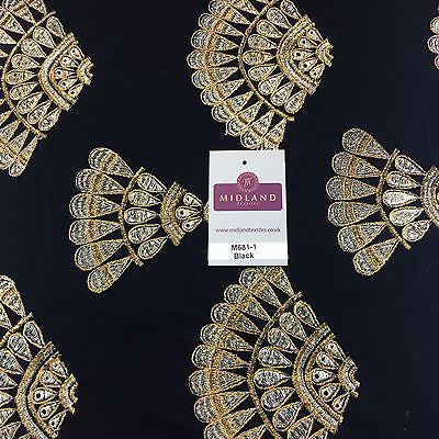 Retro Black & Gold embroidered Peacock Feather Fan Micro velvet 45' M681 Mtex - Midland Textiles & Fabric