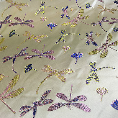 CHINESE ORIENTAL GOLD DRAGONFLY BROCADE SILKY SATIN DRESS FABRIC 44' M163 - Midland Textiles & Fabric