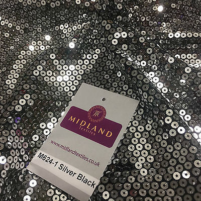 Silver Sew on sequins 5mm on black mesh net dress fabric 55" wide M624 Mtex - Midland Textiles & Fabric