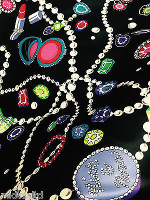 Jewel box Pearl, Jewellery and Make up Print Black Satin fabric 58" M145-22 Mtex - Midland Textiles & Fabric