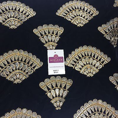 Retro Black & Gold embroidered Peacock Feather Fan Micro velvet 45' M681 Mtex - Midland Textiles & Fabric