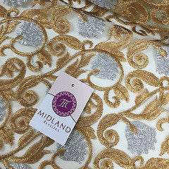 Silver and Gold Floral Ornamental Thread Embroided net fabric 34' Wide M233 Mtex - Midland Textiles & Fabric