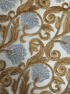 Silver and Gold Floral Ornamental Thread Embroided net fabric 34