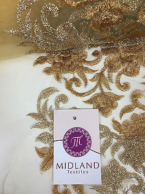 Gold Diamond Floral Ornamental Thread Embroided Net Fabric 34" Wide M234 Mtex - Midland Textiles & Fabric