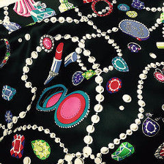 Jewel box Pearl, Jewellery and Make up Print Black Satin fabric 58