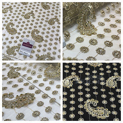 Metallic Embroided and Stone work lace mesh Dress Net Fabric 46" Wide M625 - Midland Textiles & Fabric