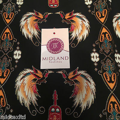 Egyptian Bird print on black silky satin with gold foil 44' Wide M145-30 Mtex - Midland Textiles & Fabric