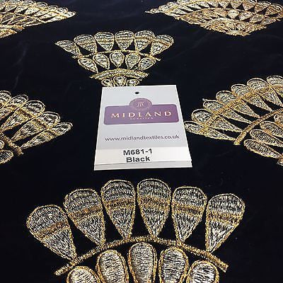 Retro Black & Gold embroidered Peacock Feather Fan Micro velvet 45' M681 Mtex - Midland Textiles & Fabric