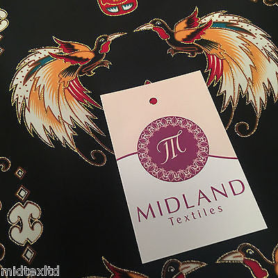 Egyptian Bird print on black silky satin with gold foil 44' Wide M145-30 Mtex - Midland Textiles & Fabric