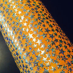 Sliver Halogram Star print on orange Computer Foil Print Strech Fabric M7-3 Mtex - Midland Textiles & Fabric