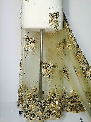 Vintage Floral embellished and stones dress net with scalloped edging M232 Mtex - Midland Textiles & Fabric