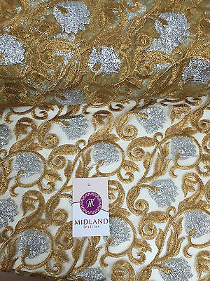 Silver and Gold Floral Ornamental Thread Embroided net fabric 34