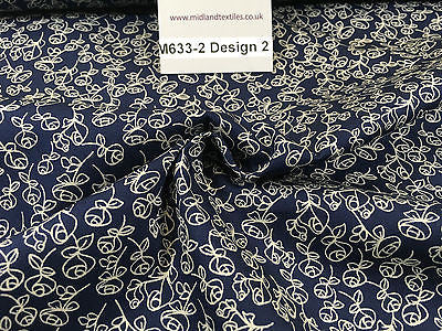 Navy And White Floral Paste Printed 100% Cotton Poplin Craft Fabric 45' M633 - Midland Textiles & Fabric