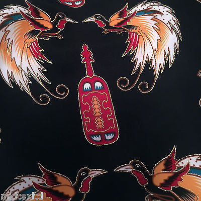 Egyptian Bird print on black silky satin with gold foil 44' Wide M145-30 Mtex - Midland Textiles & Fabric