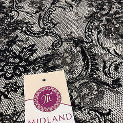 Black flock lace effect off white Jersey fabric 2 way stretch 58