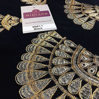 Retro Black & Gold embroidered Peacock Feather Fan Micro velvet 45' M681 Mtex - Midland Textiles & Fabric