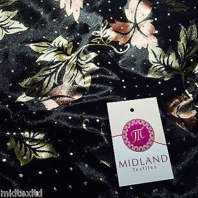 Velvet Black and Bronze leaf print with silver sequins 58' M16-7 Mtex - Midland Textiles & Fabric