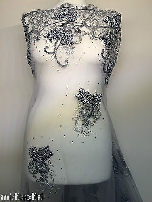 Vintage Floral embellished and stones dress net with scalloped edging M232 Mtex - Midland Textiles & Fabric