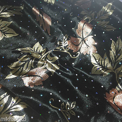 Velvet Black and Bronze leaf print with silver sequins 58