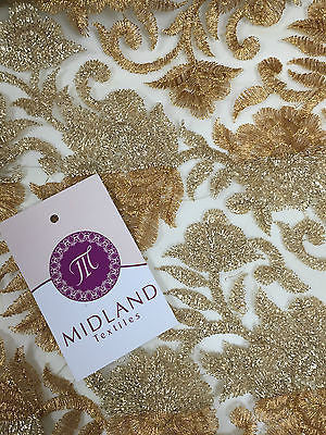 Gold Diamond Floral Ornamental Thread Embroided Net Fabric 34' Wide M234 Mtex - Midland Textiles & Fabric