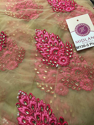 Indian Embellished Embroidered Gold Base Tulle net dress fabric 40" Wi Indian Embellished Embroidered Gold Base Tulle net dress fabric 40" Wi