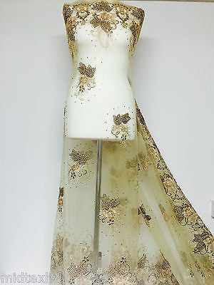 Vintage Floral embellished and stones dress net with scalloped edging M232 Mtex - Midland Textiles & Fabric