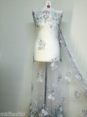 Vintage Floral embellished and stones dress net with scalloped edging M232 Mtex - Midland Textiles & Fabric
