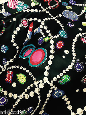 Jewel box Pearl, Jewellery and Make up Print Black Satin fabric 58