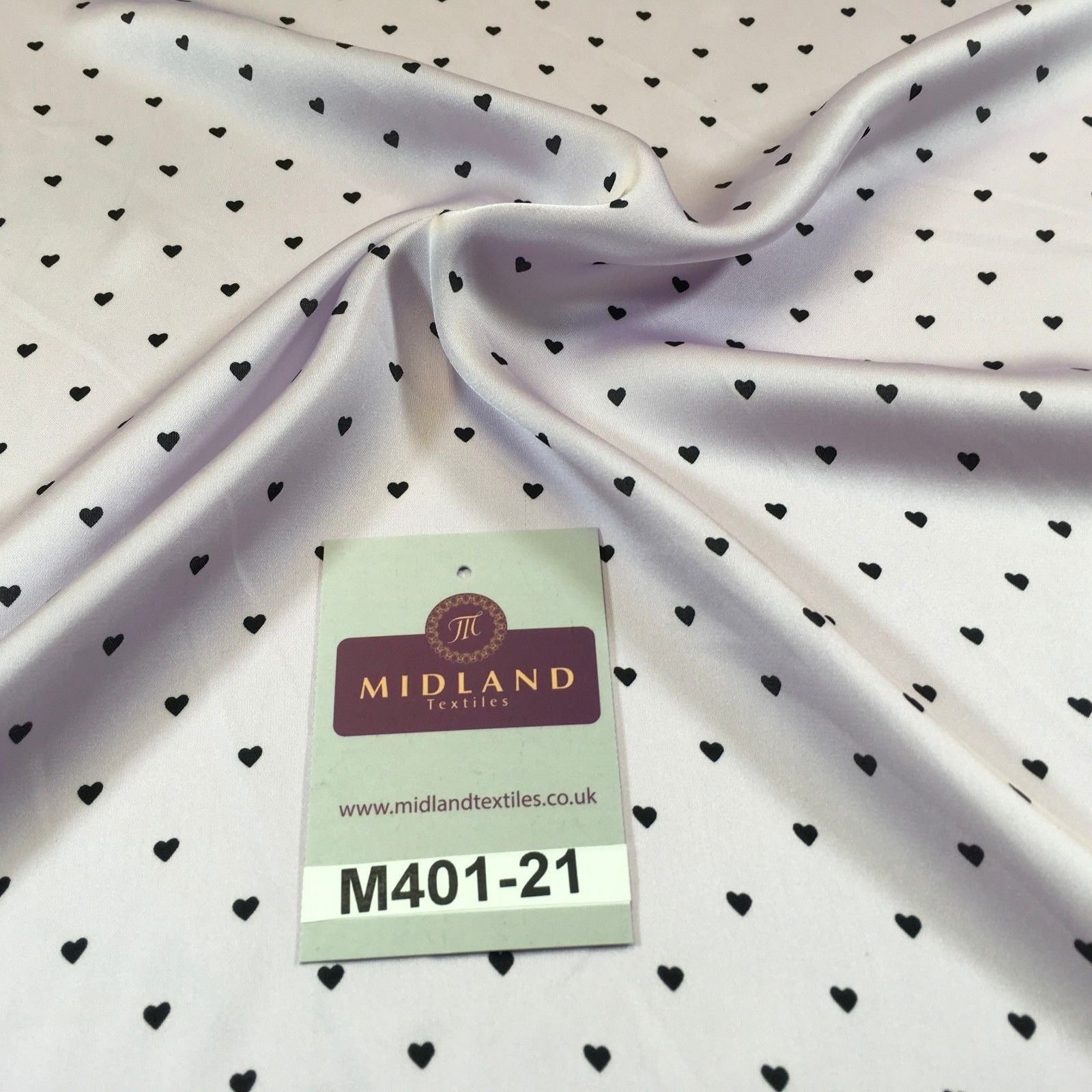Lilac Silky Smooth Black Heart Printed Satin Dress fabric 58' M401-21 Mtex - Midland Textiles & Fabric