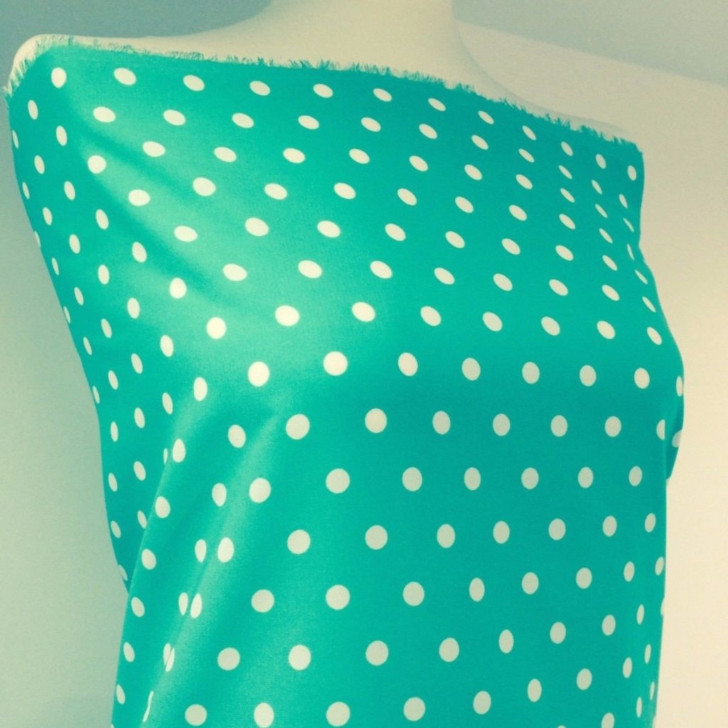 Aqua green polka dot peachskin crepe dress fabric 58