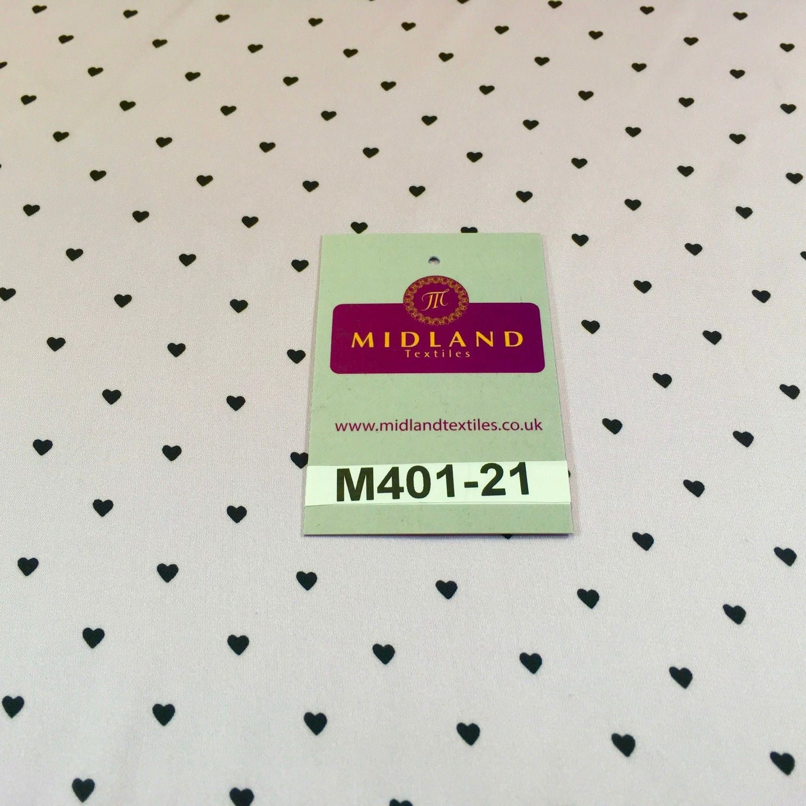 Lilac Silky Smooth Black Heart Printed Satin Dress fabric 58' M401-21 Mtex - Midland Textiles & Fabric