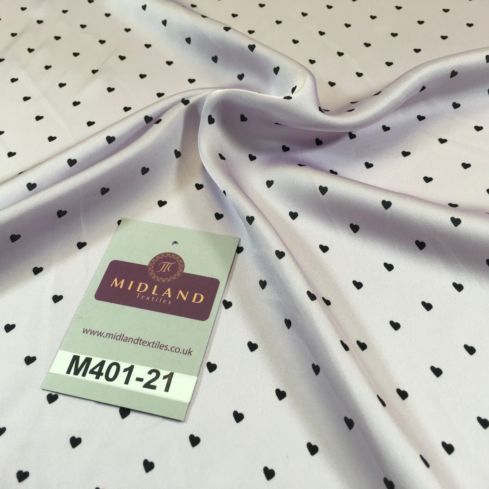 Lilac Silky Smooth Black Heart Printed Satin Dress fabric 58' M401-21 Mtex - Midland Textiles & Fabric