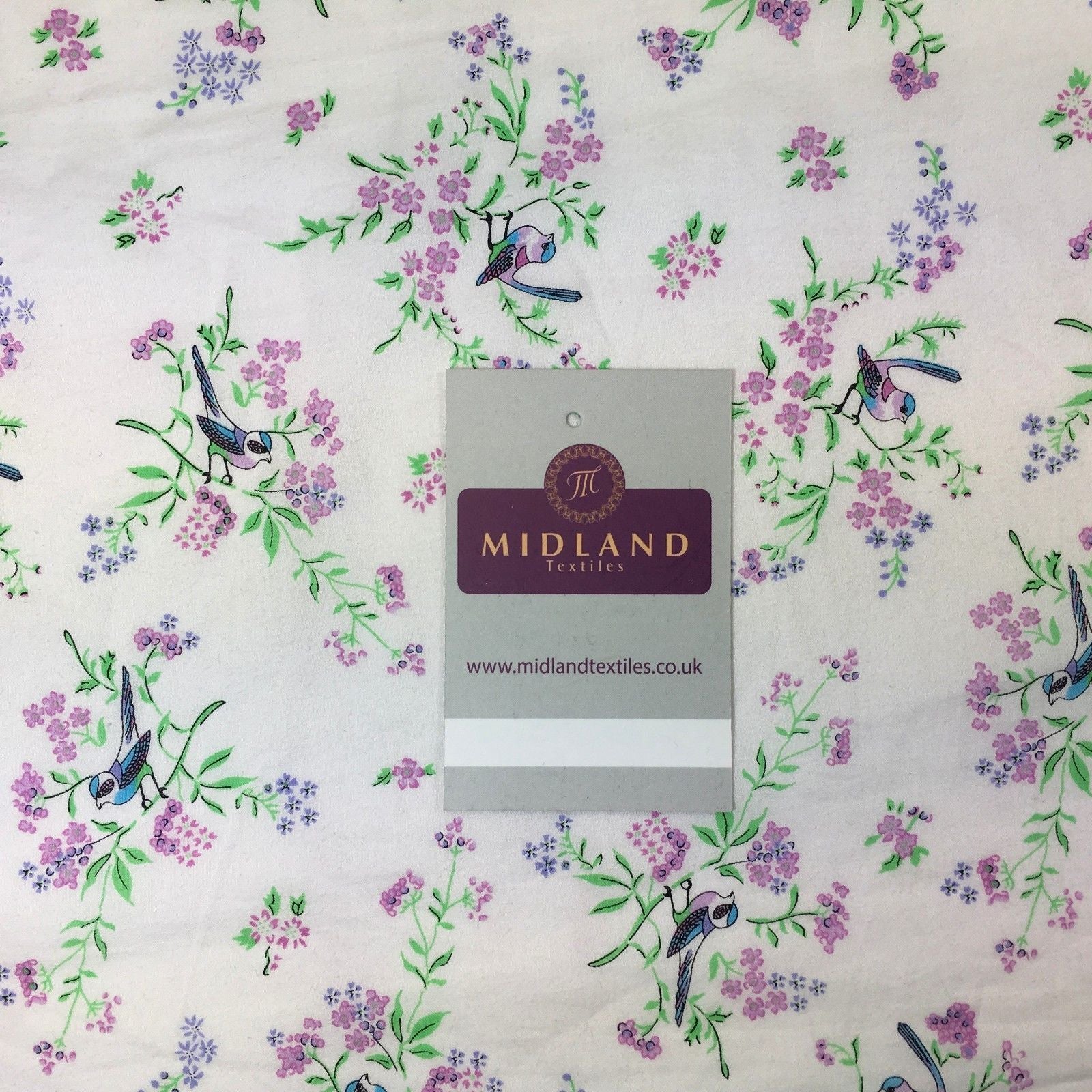White floral bird Soft cotton printed dress fabric 55' M145-61 Mtex - Midland Textiles & Fabric